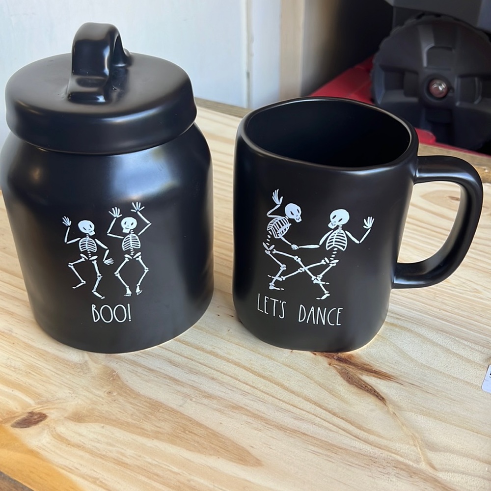 Rae Dunn BOO canister LETS DANCE mug
